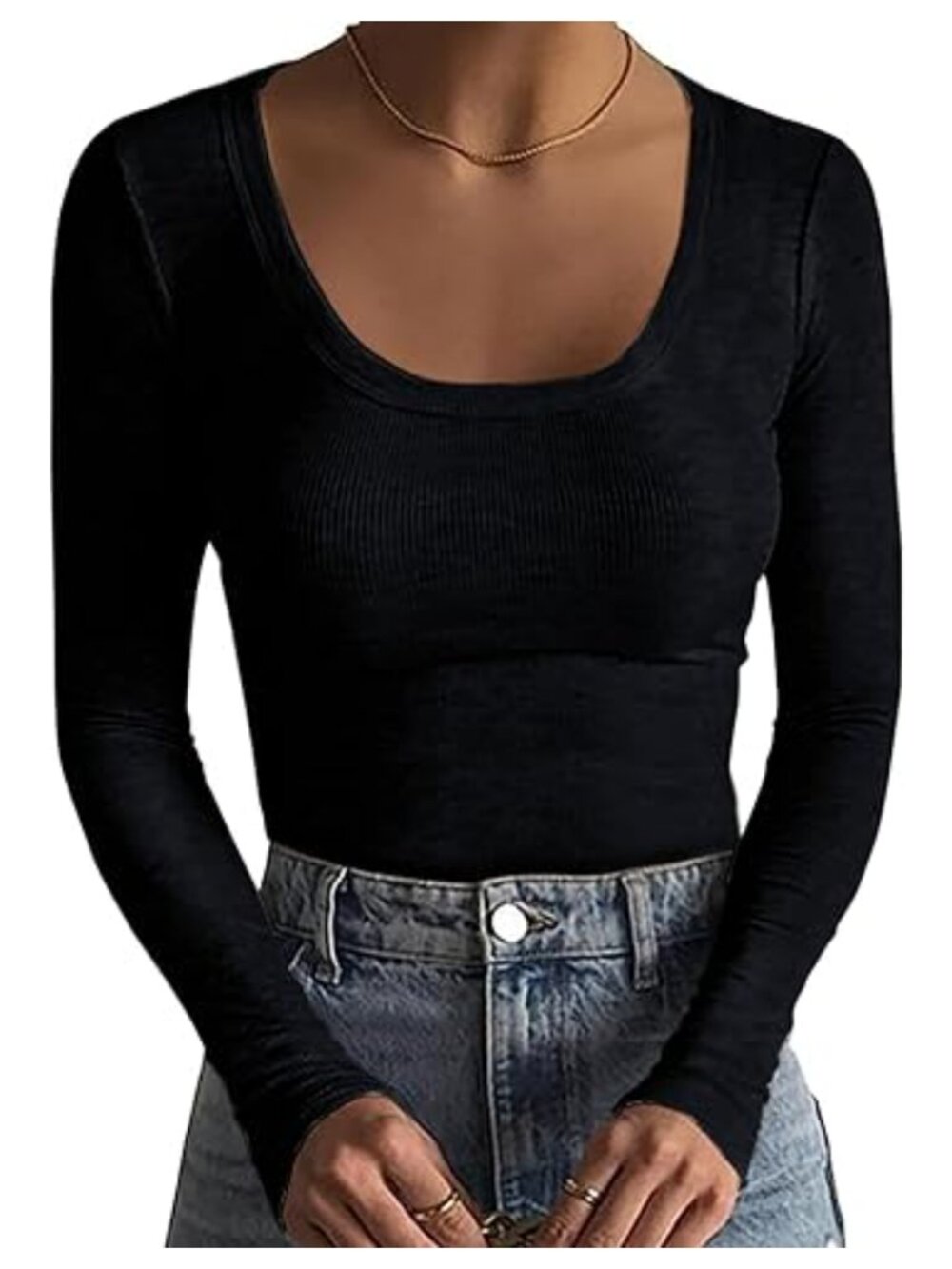 Women's Long Sleeve Scoop Neck Ribbed Slim Fitted Casual Basic Tee
